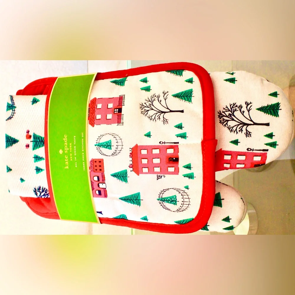 KATE SPADE ALL IN GOOD TASTE-HOLIDAY VILLAGE 3PC KITCHEN SET CHRISTMAS NEW
